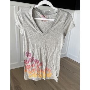 Jenni Womens Gray Rhinestone Heart V Neck Raw Hem Short Sleeve T Shirt Sz Medium
